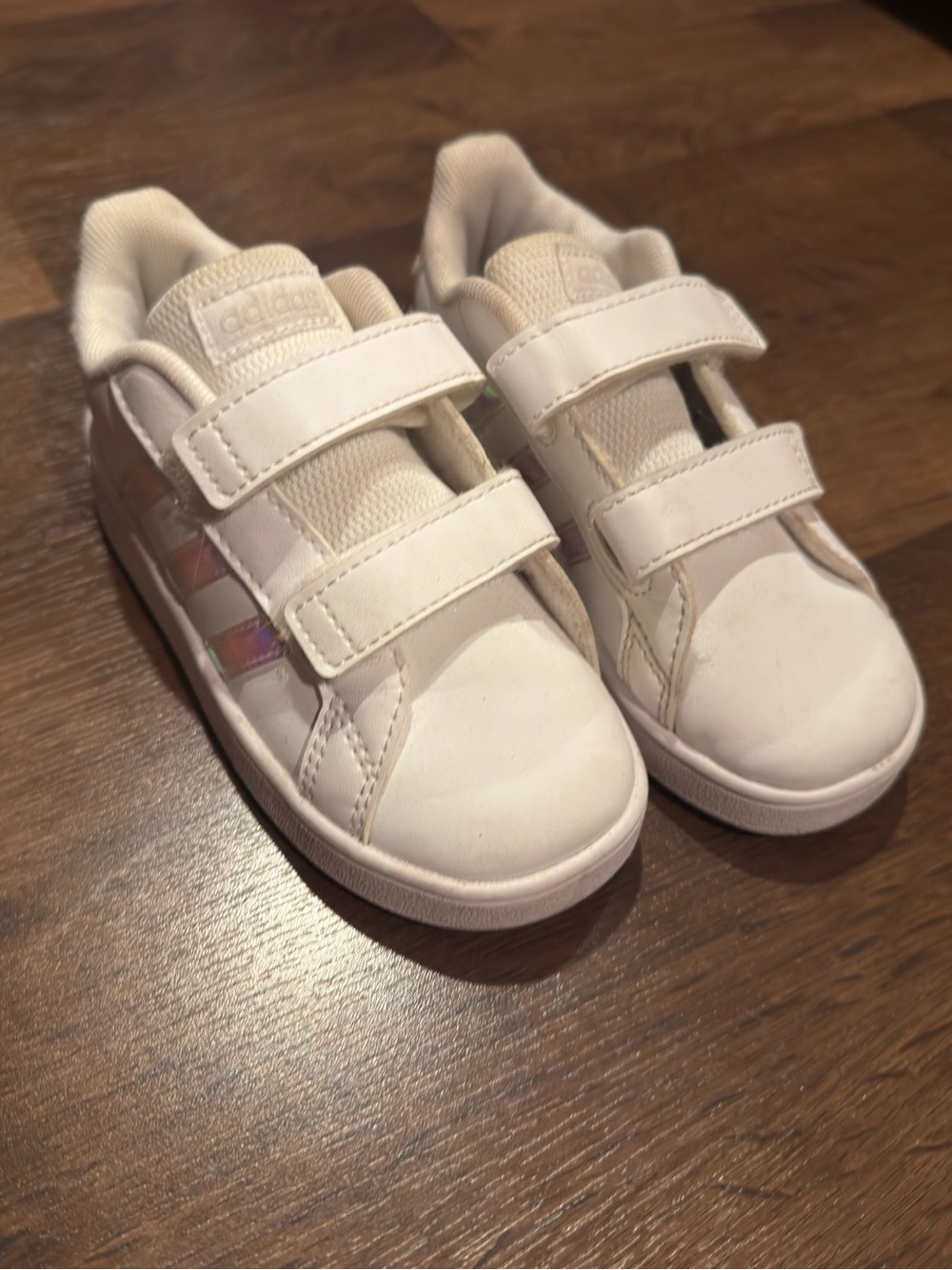 adidas Kids White Sneakers with Iridescent Stripes